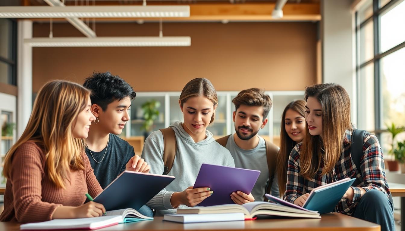 Students studying together in modern classroom